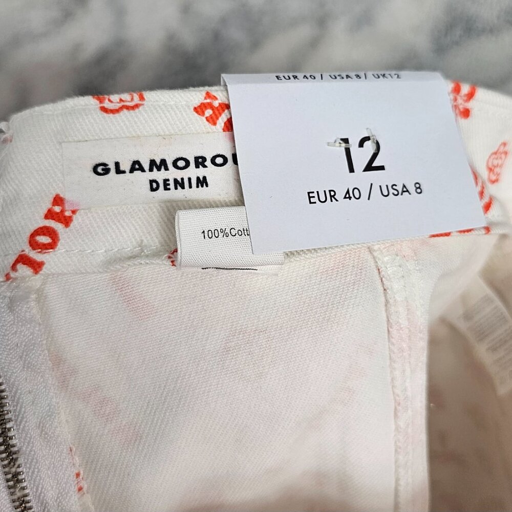 Glamorous Denim US Sz 8 Medium Holiday Print White Denim High Waist Mini Skirt P - Picture 6 of 11